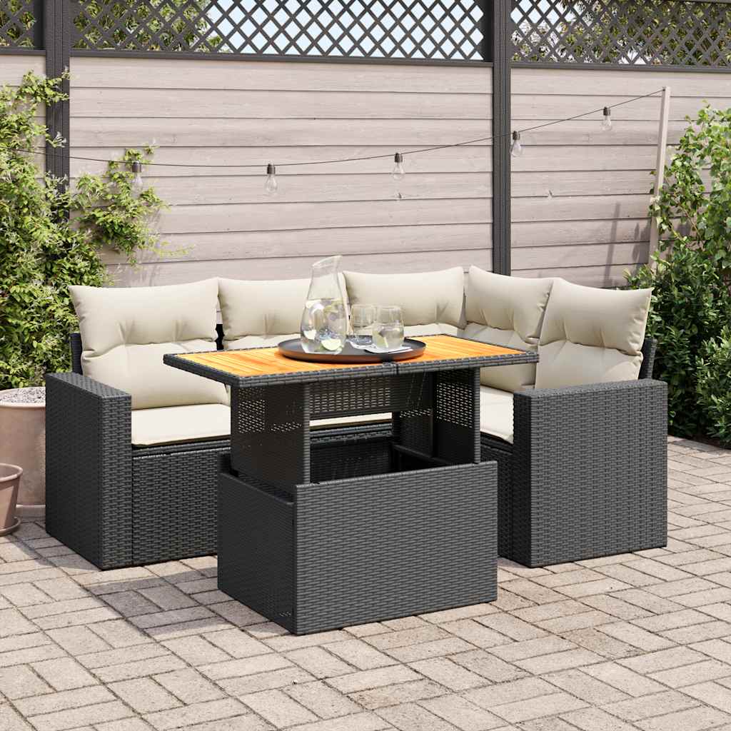 vidaXL 5-tlg. Garten-Sofagarnitur mit Kissen Schwarz Poly Rattan