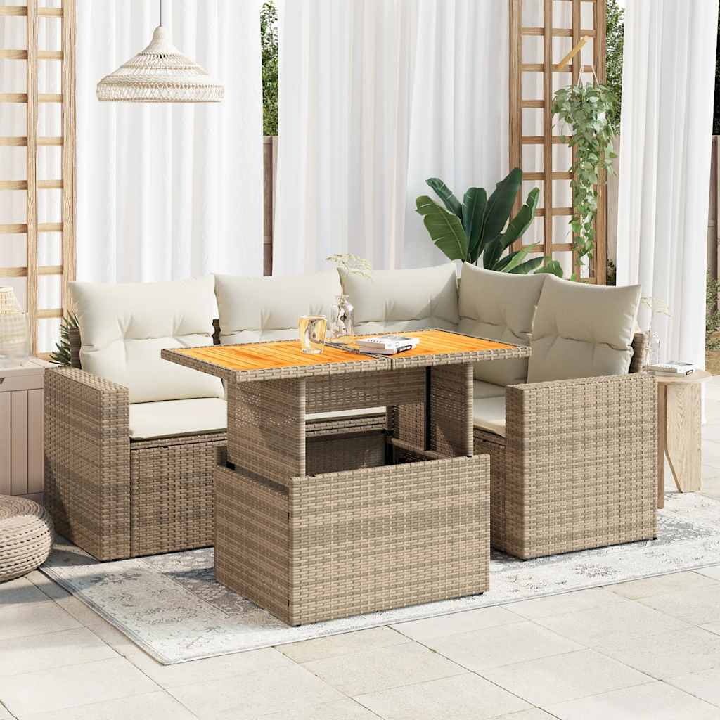 vidaXL 5-tlg. Garten-Sofagarnitur mit Kissen Beige Poly Rattan