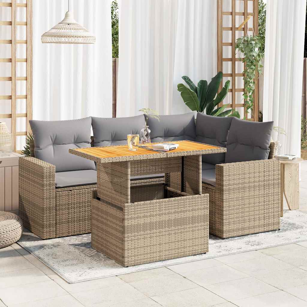 vidaXL 5-tlg. Garten-Sofagarnitur mit Kissen Beige Poly Rattan