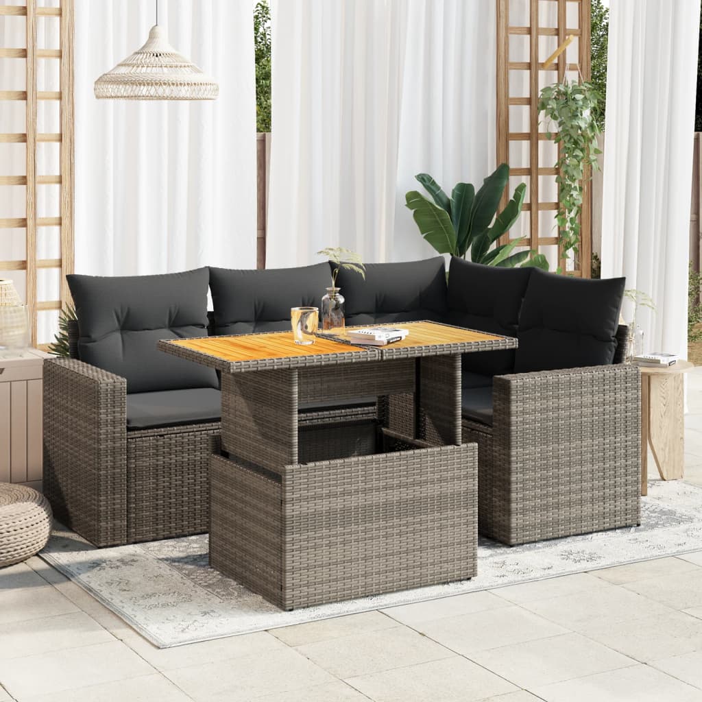 vidaXL 5-tlg. Garten-Sofagarnitur mit Kissen Grau Poly Rattan