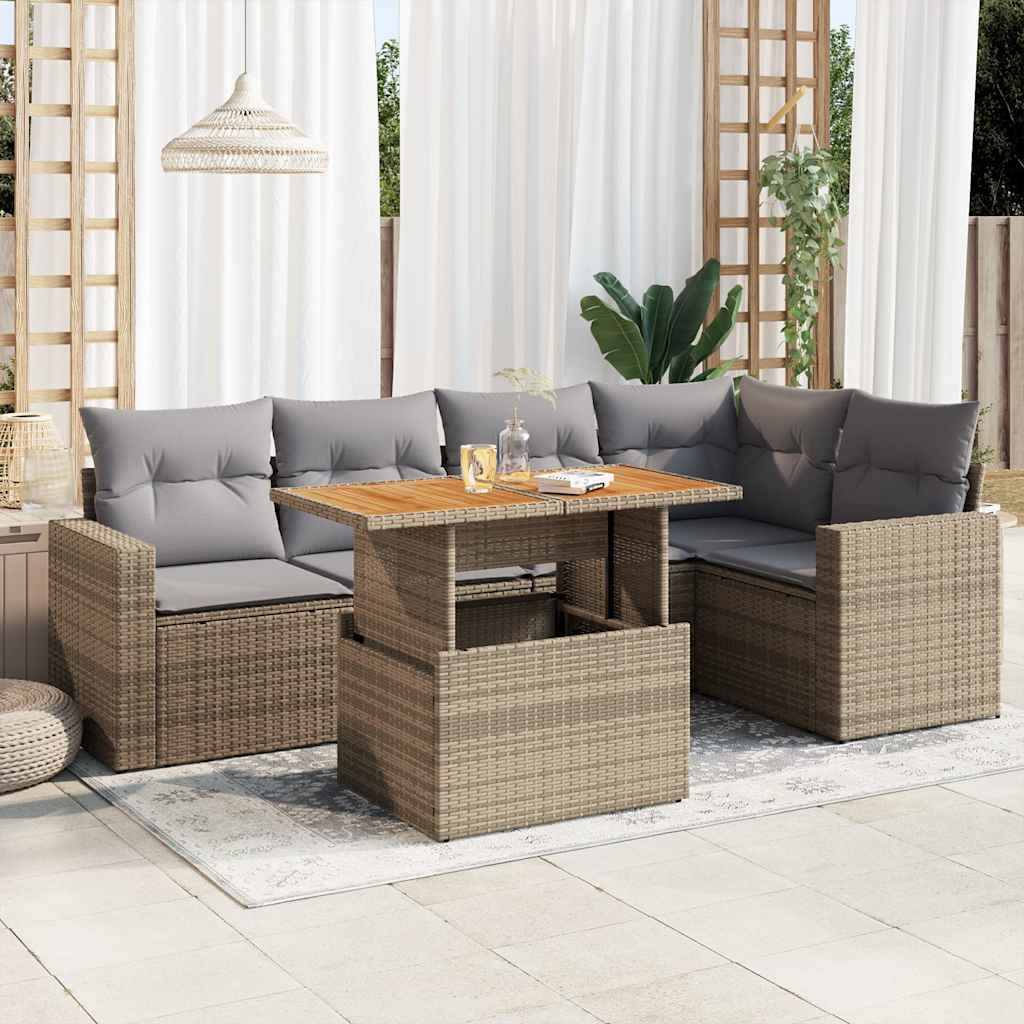 vidaXL 6-tlg. Garten-Sofagarnitur mit Kissen Beige Poly Rattan