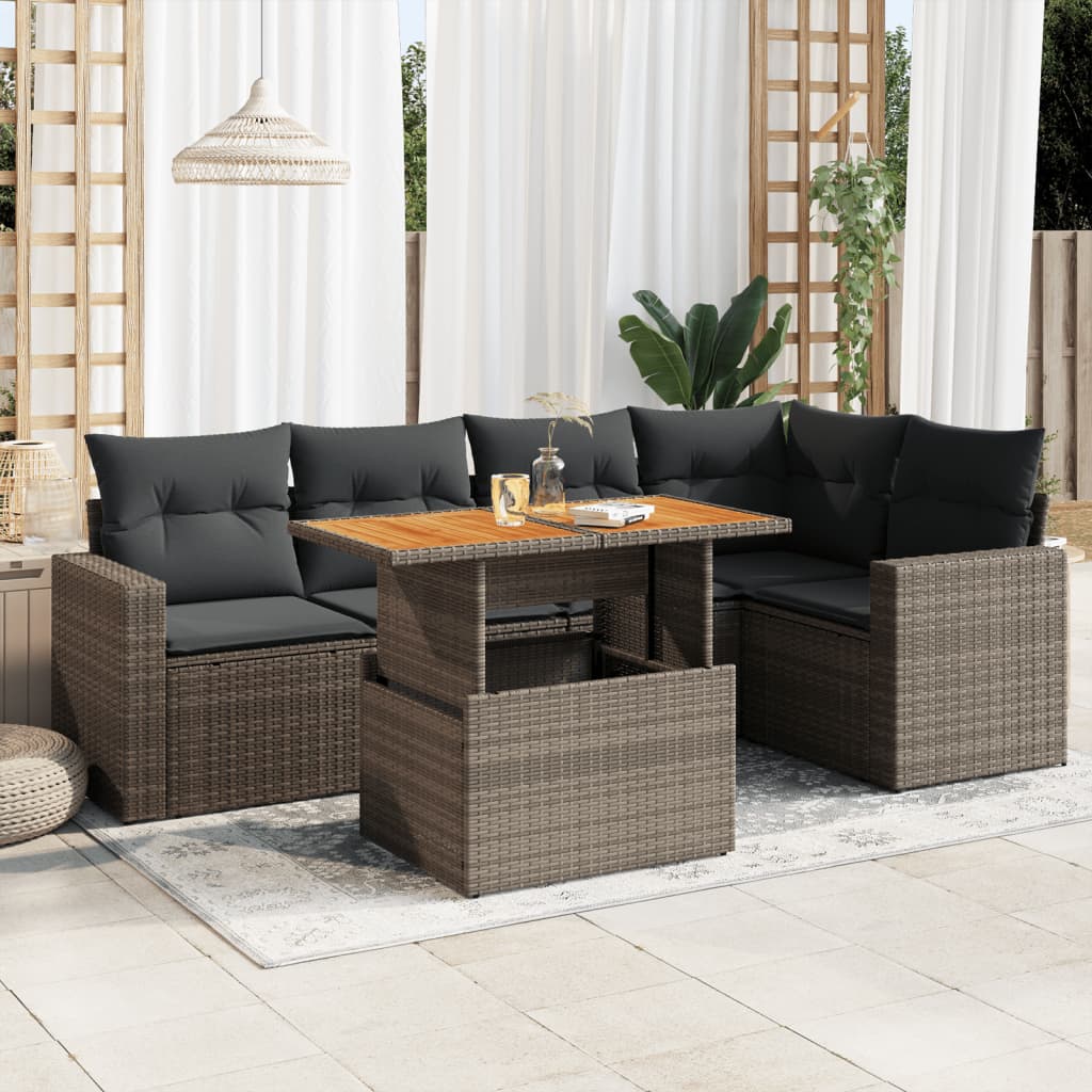 6-tlg. Garten-Sofagarnitur mit Kissen Grau Poly Rattan