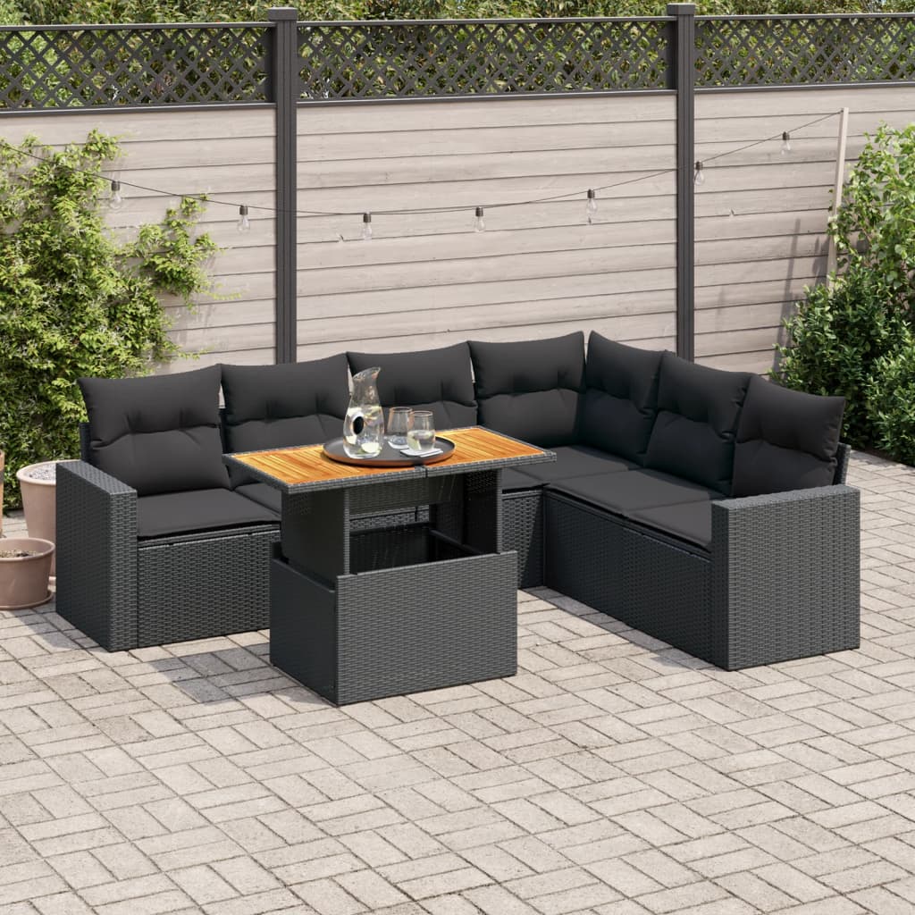 7-tlg. Garten-Sofagarnitur mit Kissen Schwarz Poly Rattan