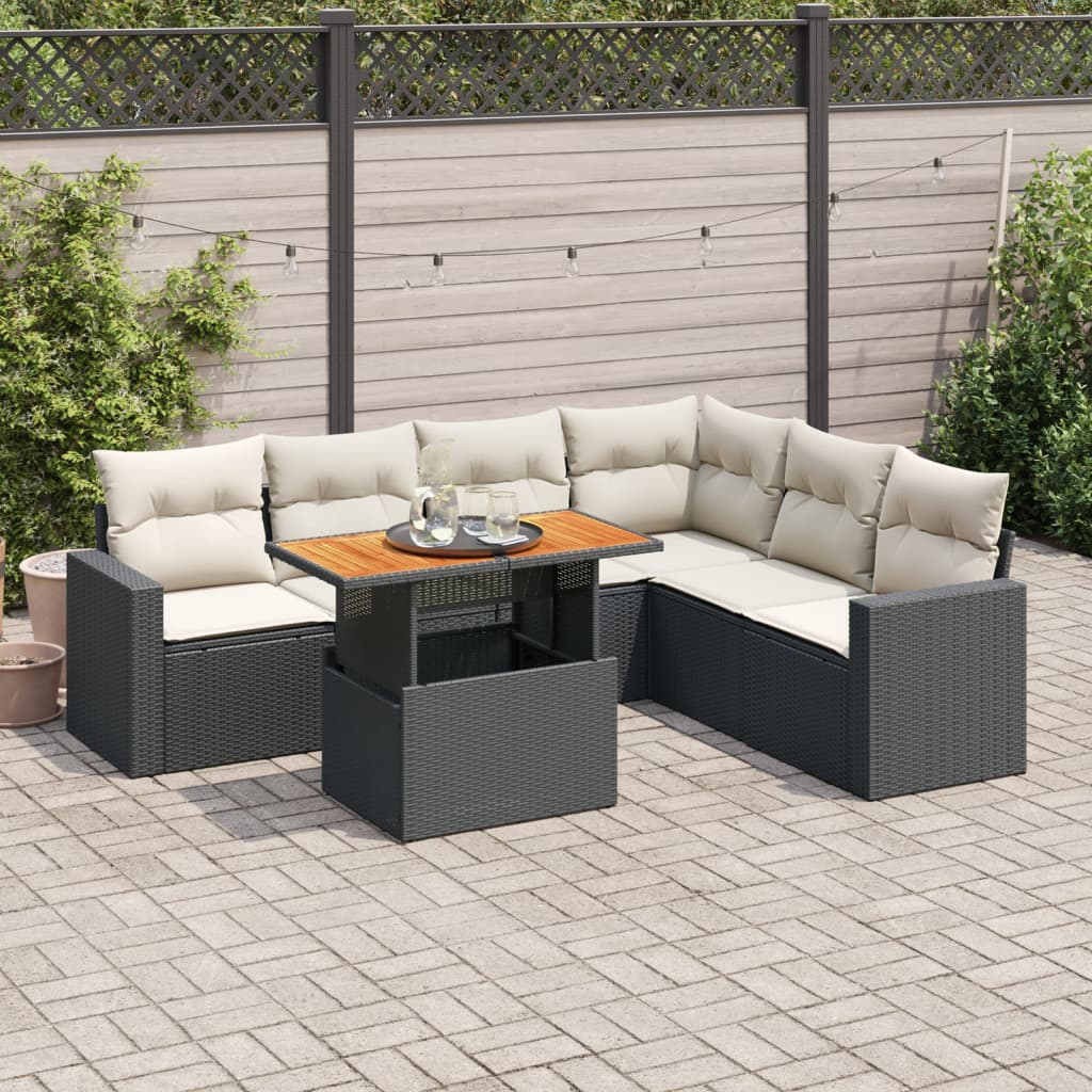 7-tlg. Garten-Sofagarnitur mit Kissen Schwarz Poly Rattan