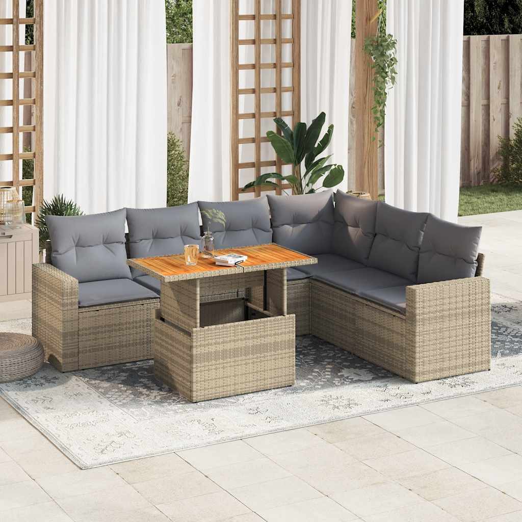 vidaXL 7-tlg. Garten-Sofagarnitur mit Kissen Beige Poly Rattan