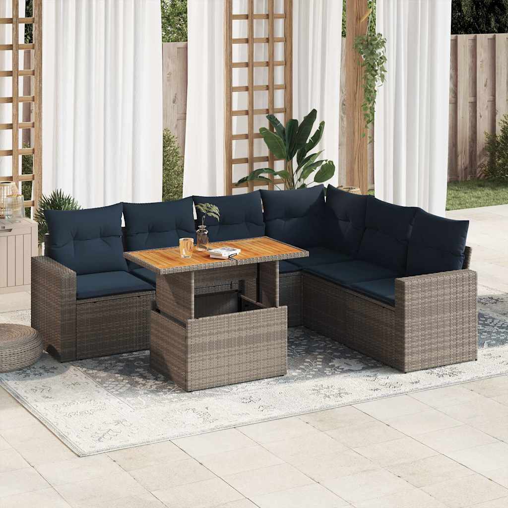vidaXL 7-tlg. Garten-Sofagarnitur mit Kissen Grau Poly Rattan
