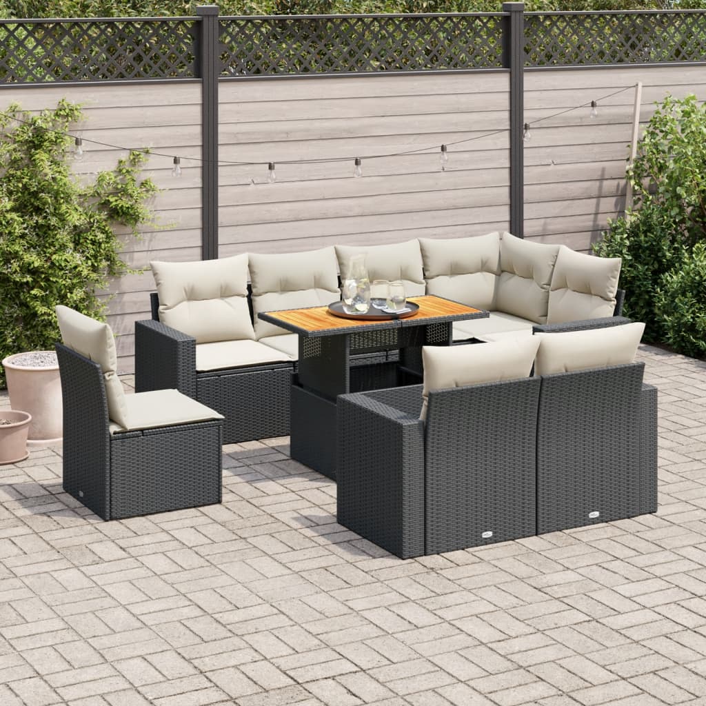 9-tlg. Garten-Sofagarnitur mit Kissen Schwarz Poly Rattan