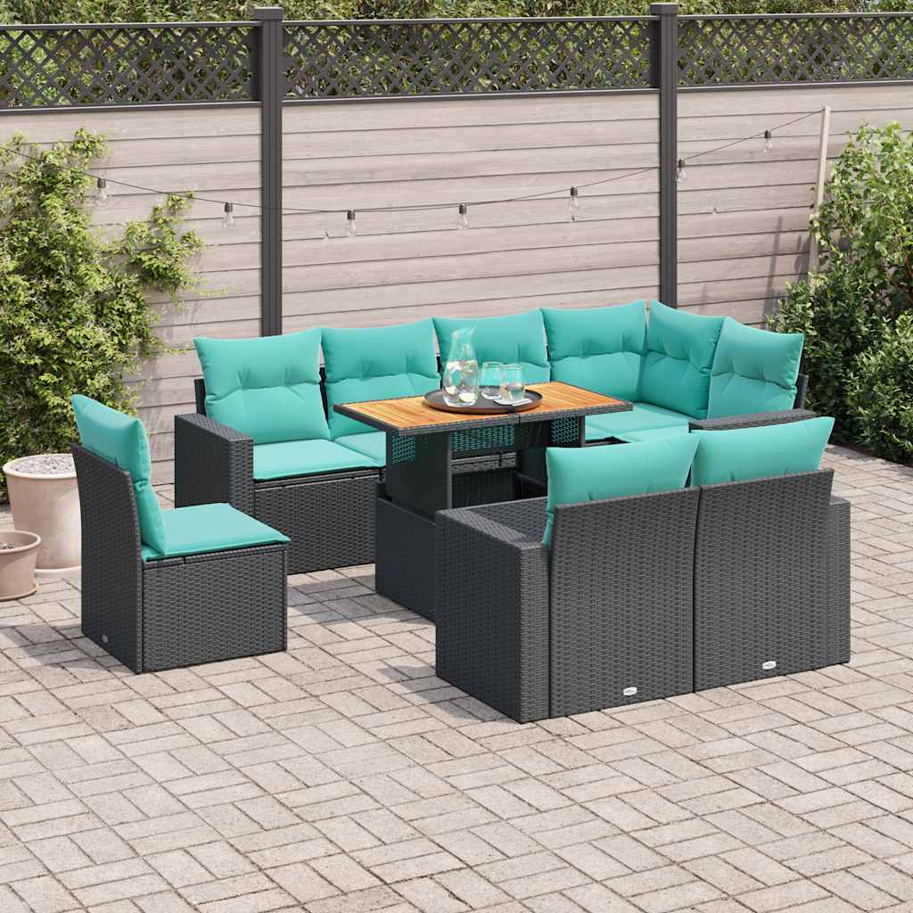 vidaXL 9-tlg. Garten-Sofagarnitur mit Kissen Schwarz Poly Rattan