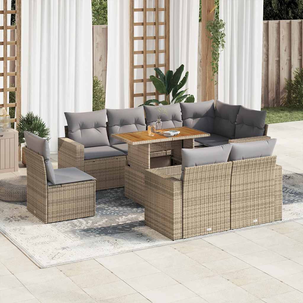 vidaXL 9-tlg. Garten-Sofagarnitur mit Kissen Beige Poly Rattan