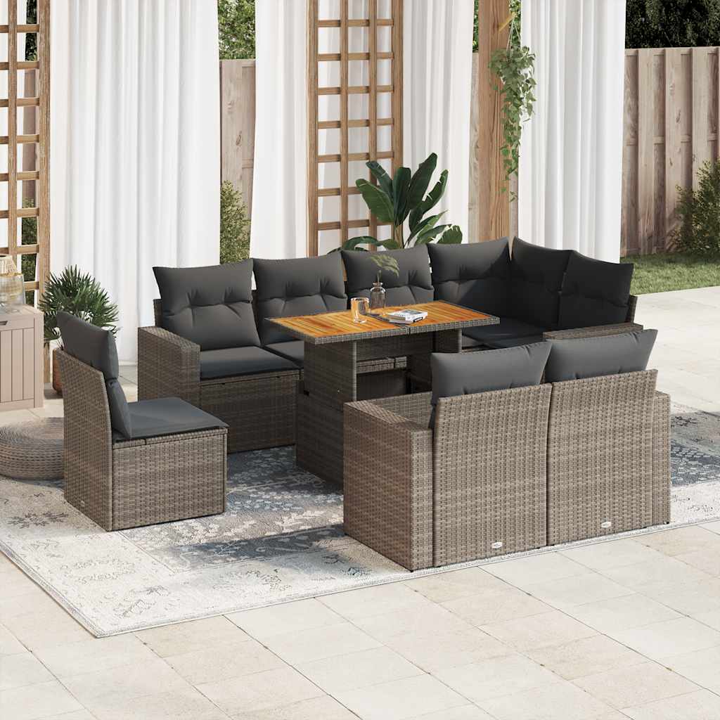 vidaXL Set canapele de grădină, 9 piese, cu perne, gri, poliratan