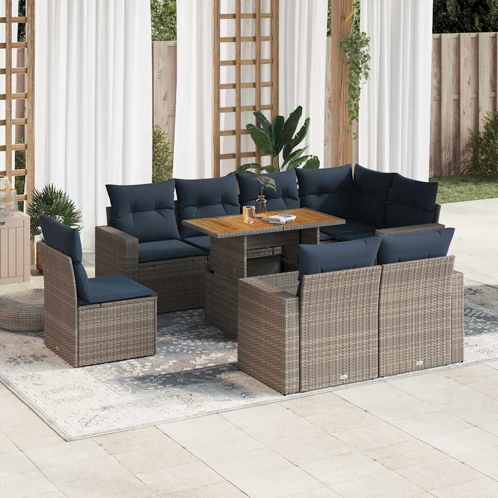 vidaXL Set canapele de grădină, 9 piese, cu perne, gri, poliratan