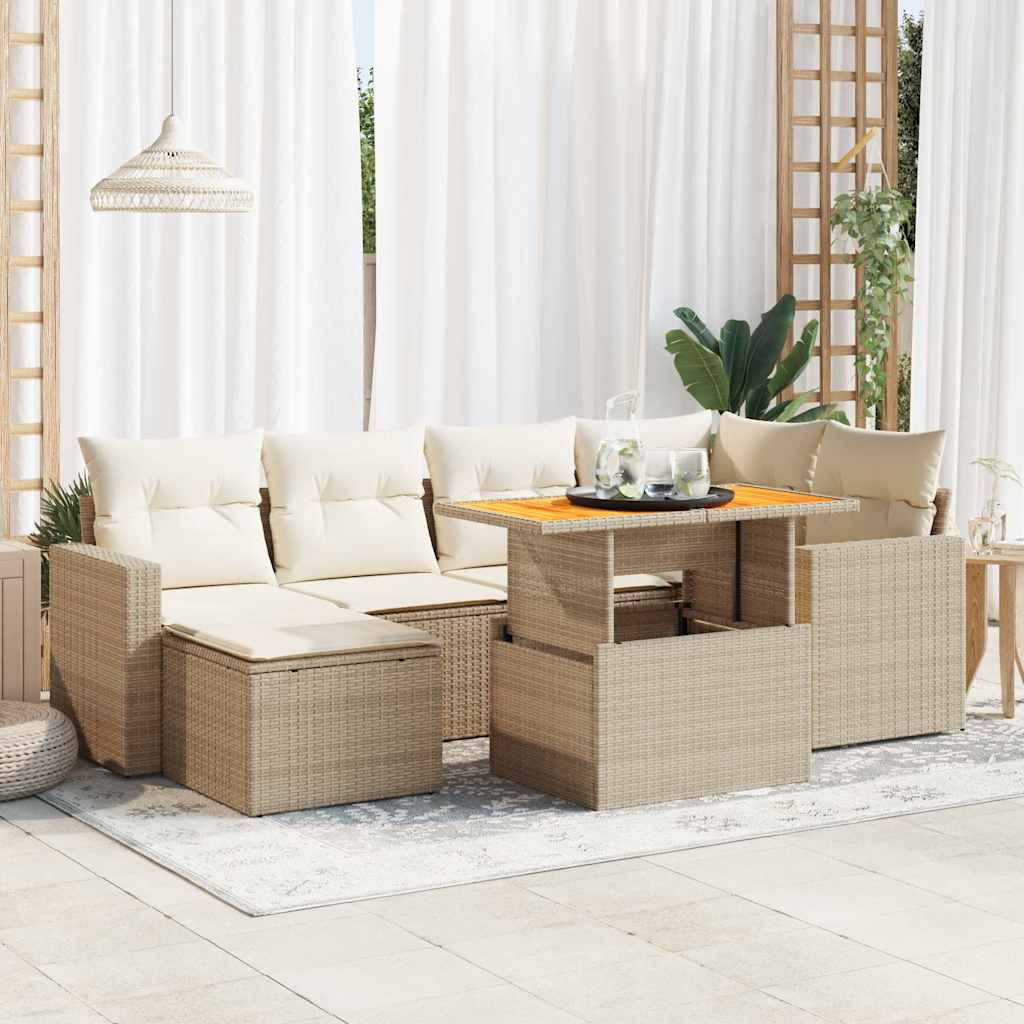 vidaXL 7-tlg. Garten-Sofagarnitur mit Kissen Beige Poly Rattan