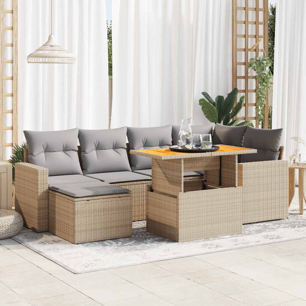 vidaXL 7-tlg. Garten-Sofagarnitur mit Kissen Beige Poly Rattan