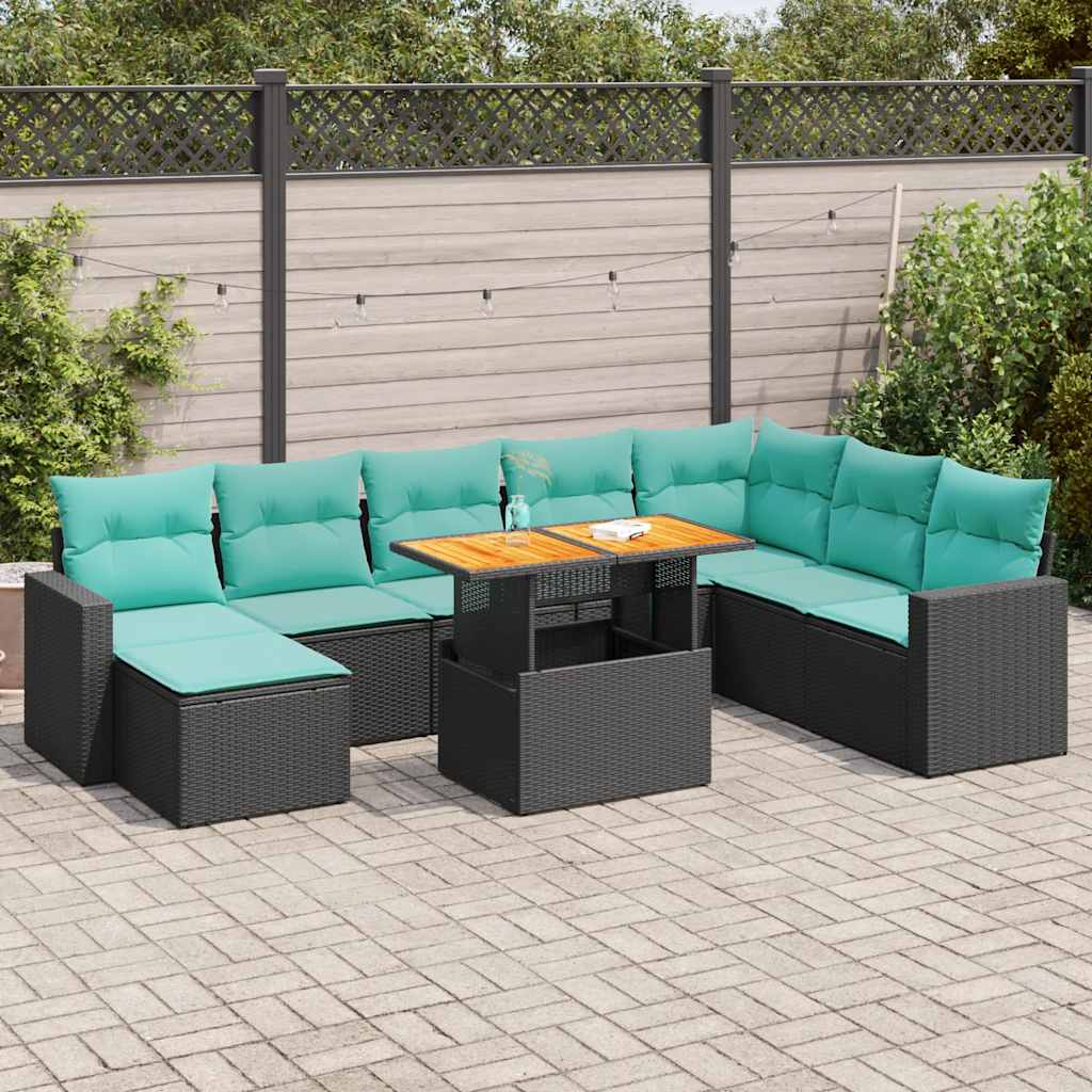 Sofasæt til haven i polyrattan - 9 dele med hynder, sort/blå