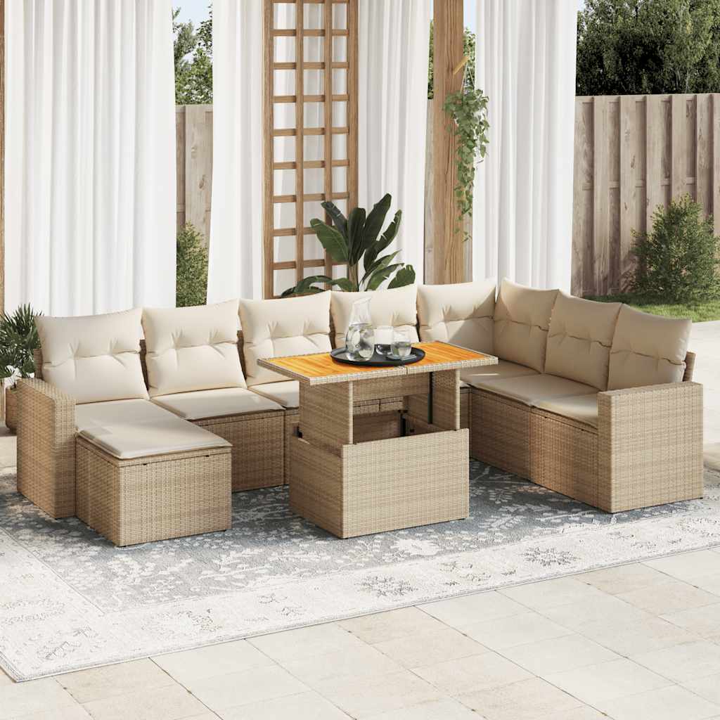 vidaXL 9-tlg. Garten-Sofagarnitur mit Kissen Beige Poly Rattan