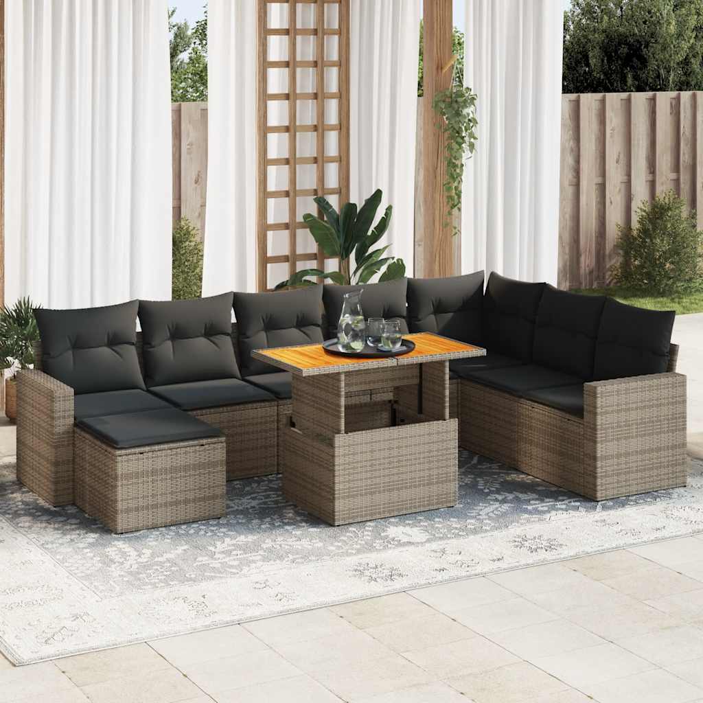 vidaXL 9-tlg. Garten-Sofagarnitur mit Kissen Grau Poly Rattan