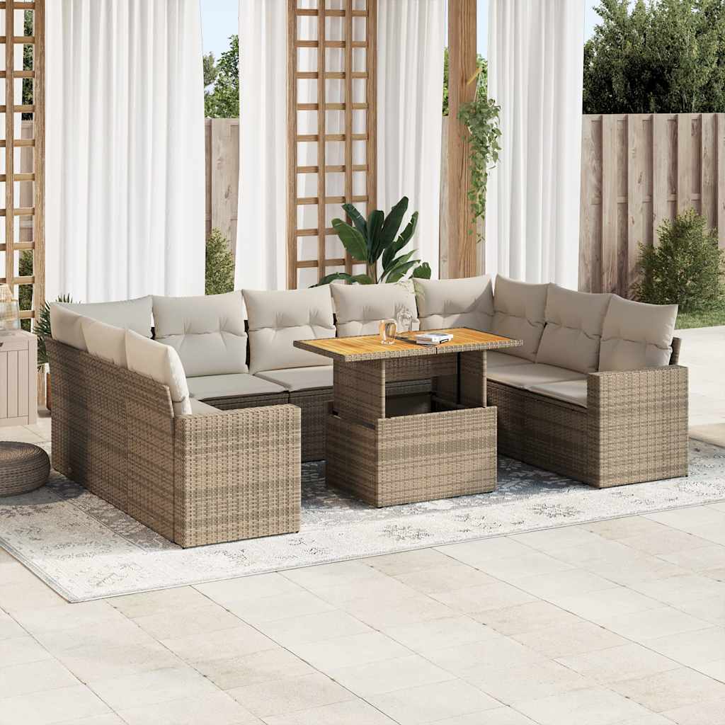 vidaXL 10-tlg. Garten-Sofagarnitur mit Kissen Beige Poly Rattan