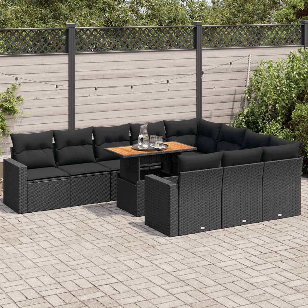 11-tlg. Garten-Sofagarnitur mit Kissen Schwarz Poly Rattan