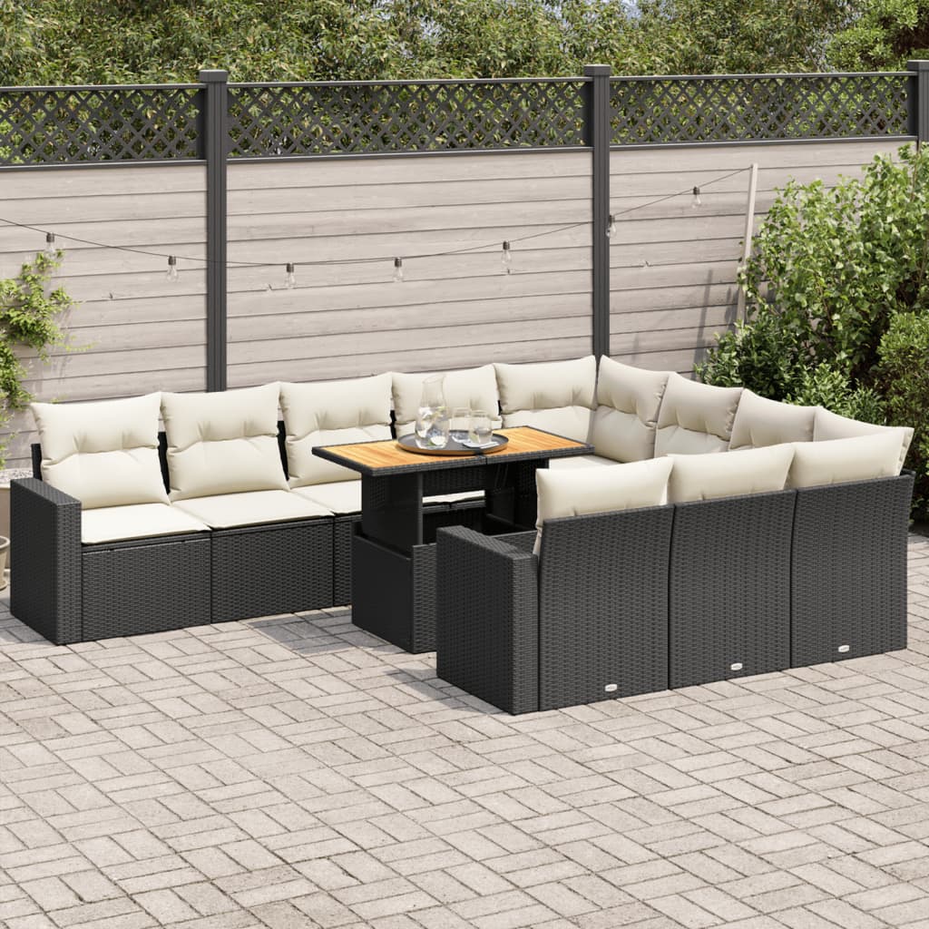 11-tlg. Garten-Sofagarnitur mit Kissen Schwarz Poly Rattan