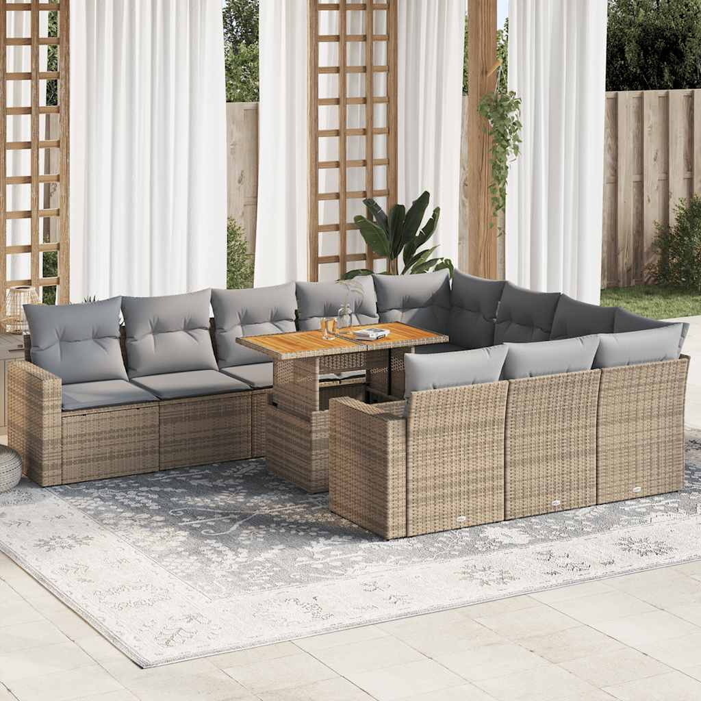 11-tlg. Garten-Sofagarnitur mit Kissen Beige Poly Rattan