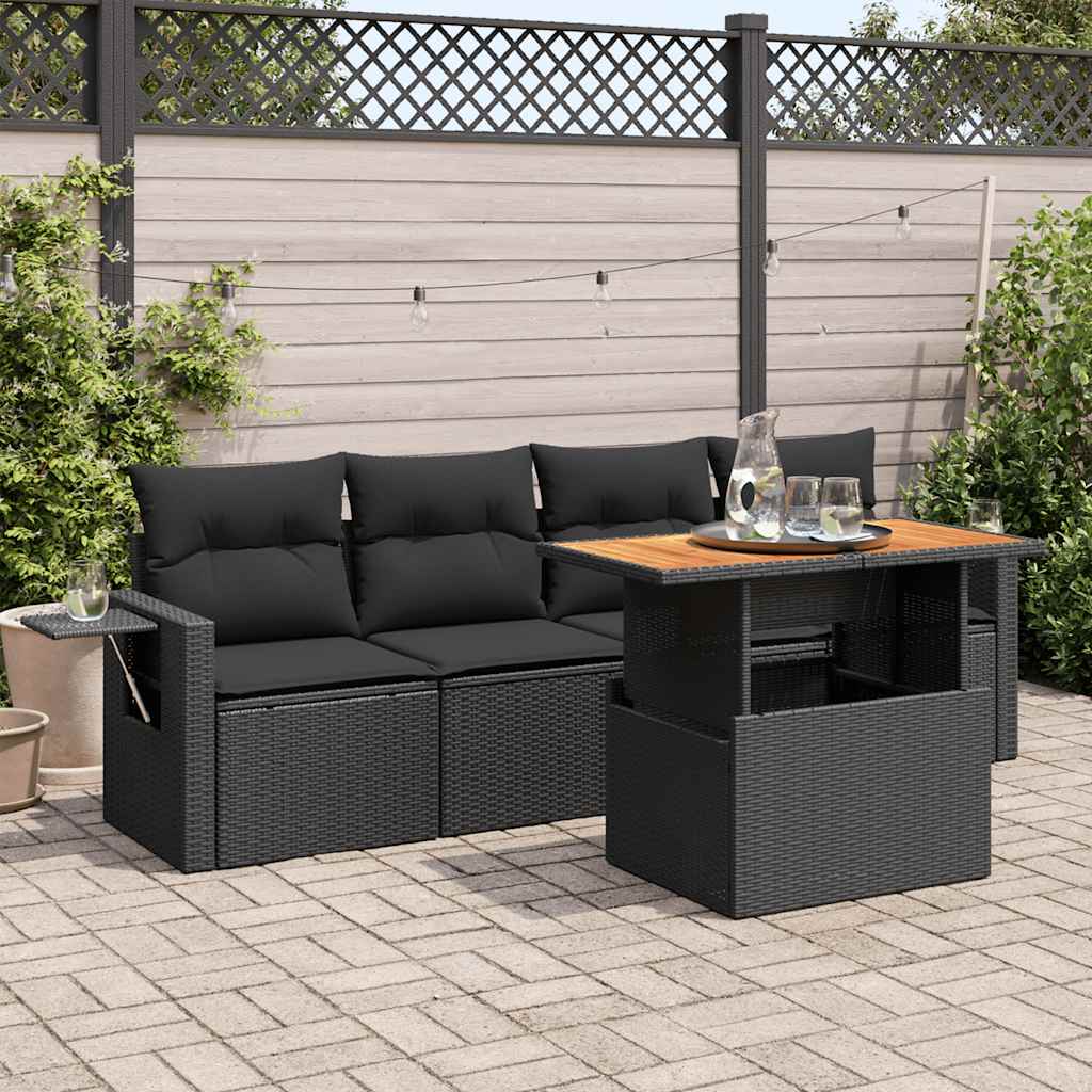 vidaXL Set mobilier de grădină cu perne, 5 piese, negru, poliratan