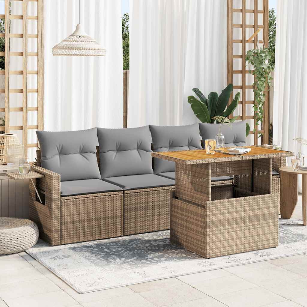 vidaXL 5-tlg. Garten-Sofagarnitur mit Kissen Beige Poly Rattan