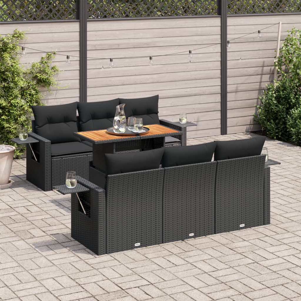 7-tlg. Garten-Sofagarnitur mit Kissen Schwarz Poly Rattan