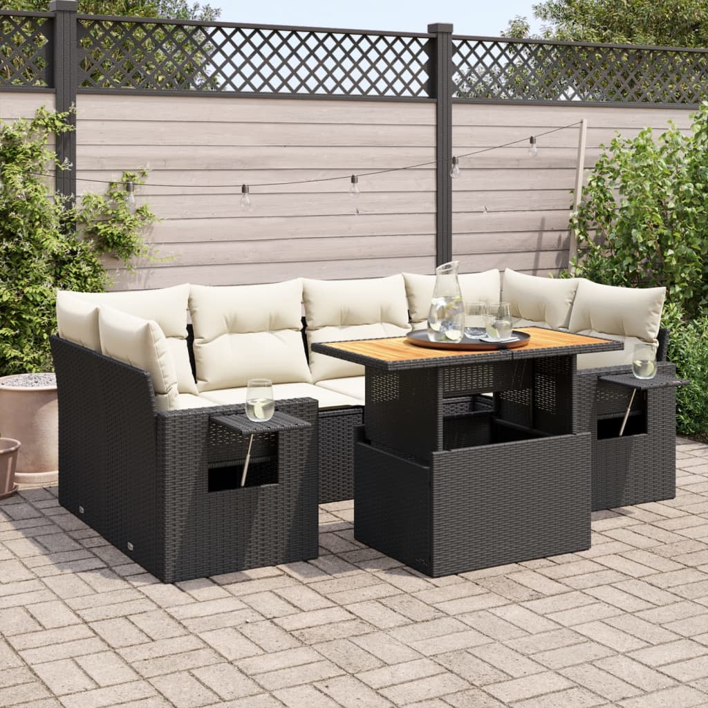 vidaXL 7-tlg. Garten-Sofagarnitur mit Kissen Schwarz Poly Rattan