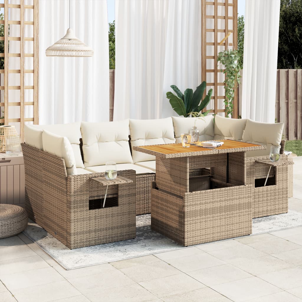 vidaXL 7-tlg. Garten-Sofagarnitur mit Kissen Beige Poly Rattan