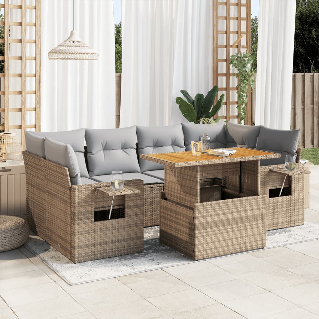 vidaXL 7-tlg. Garten-Sofagarnitur mit Kissen Beige Poly Rattan