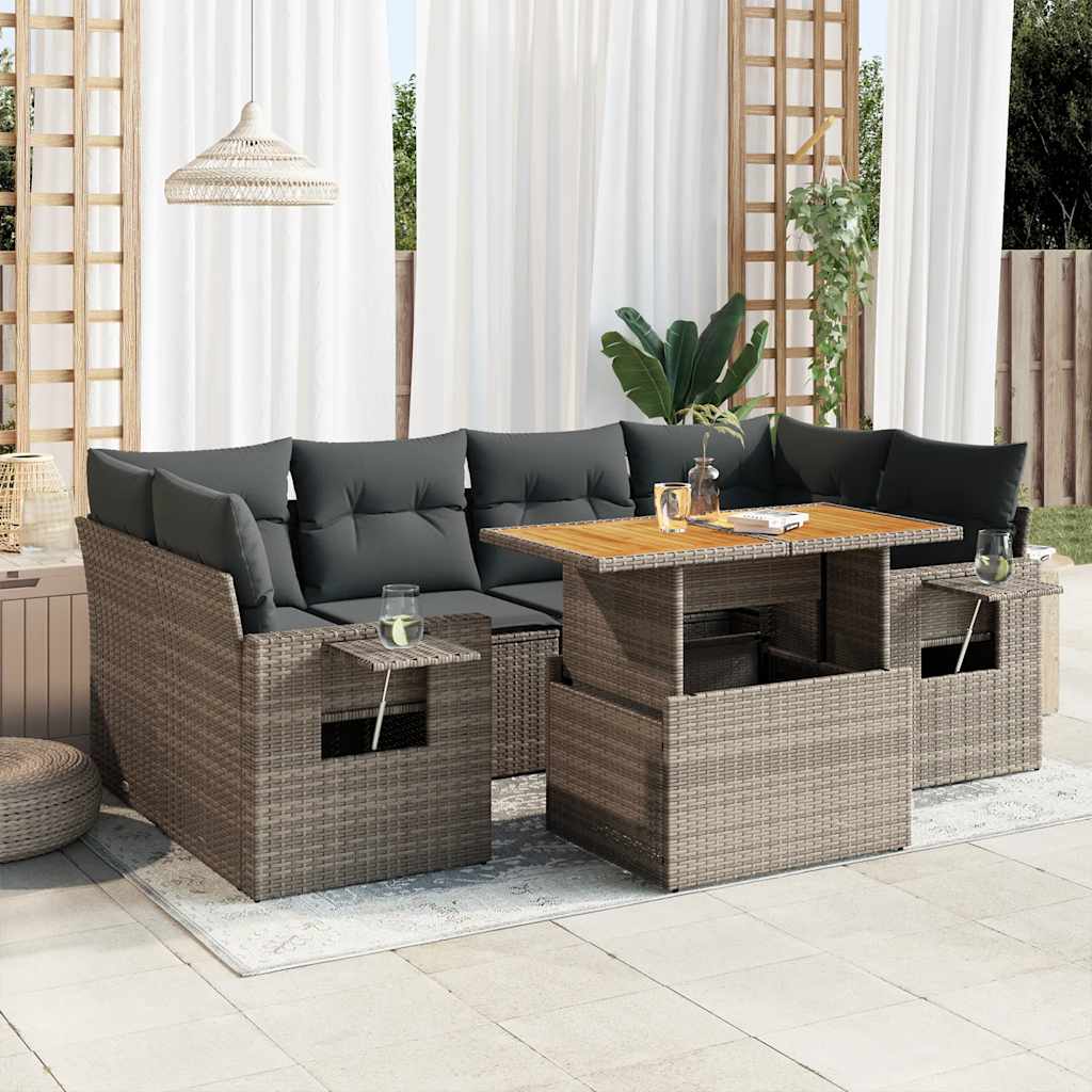 vidaXL 7-tlg. Garten-Sofagarnitur mit Kissen Grau Poly Rattan