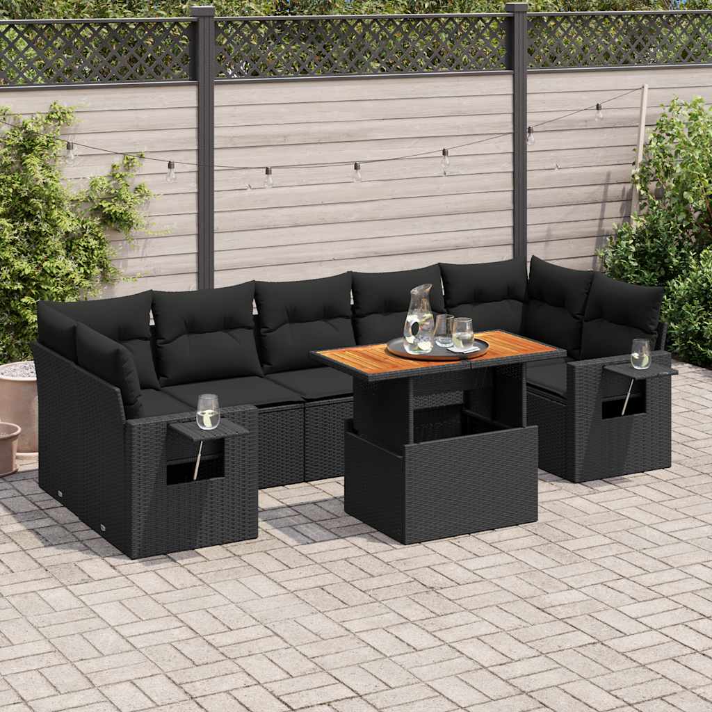 vidaXL 8-tlg. Garten-Sofagarnitur mit Kissen Schwarz Poly Rattan