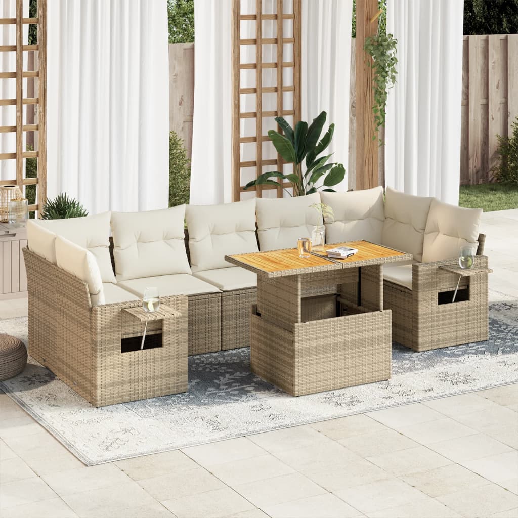 vidaXL 8-tlg. Garten-Sofagarnitur mit Kissen Beige Poly Rattan