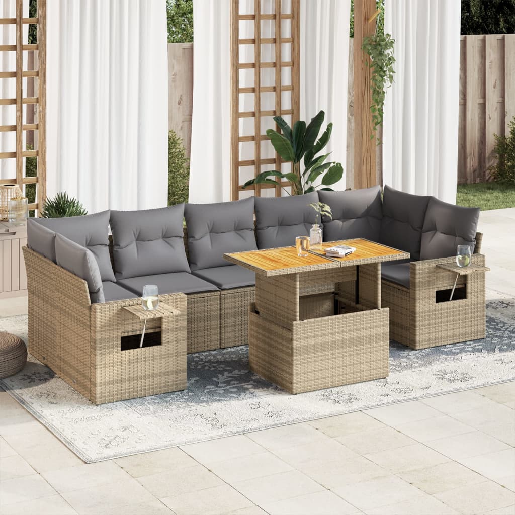 vidaXL 8-tlg. Garten-Sofagarnitur mit Kissen Beige Poly Rattan