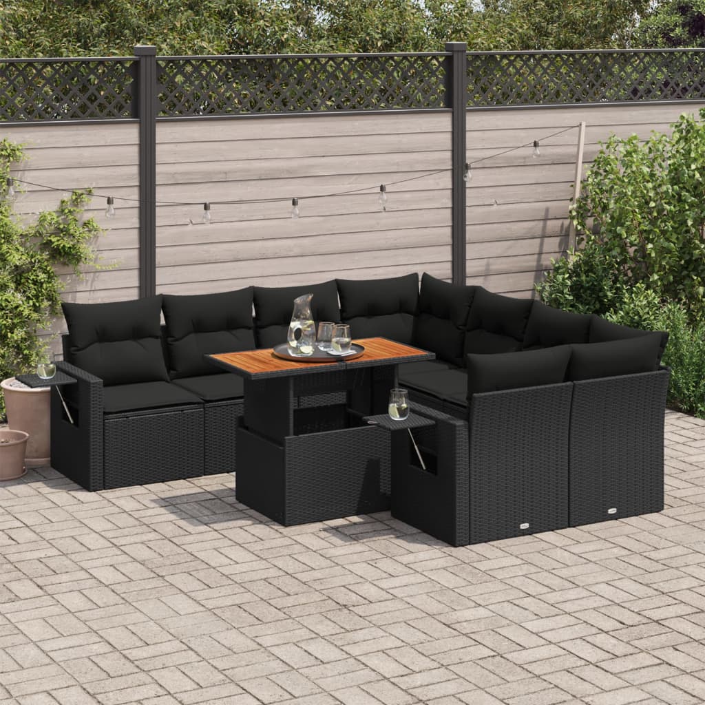 vidaXL 9-tlg. Garten-Sofagarnitur mit Kissen Schwarz Poly Rattan