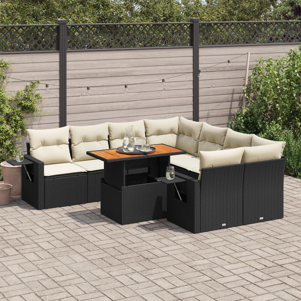 vidaXL 9-tlg. Garten-Sofagarnitur mit Kissen Schwarz Poly Rattan