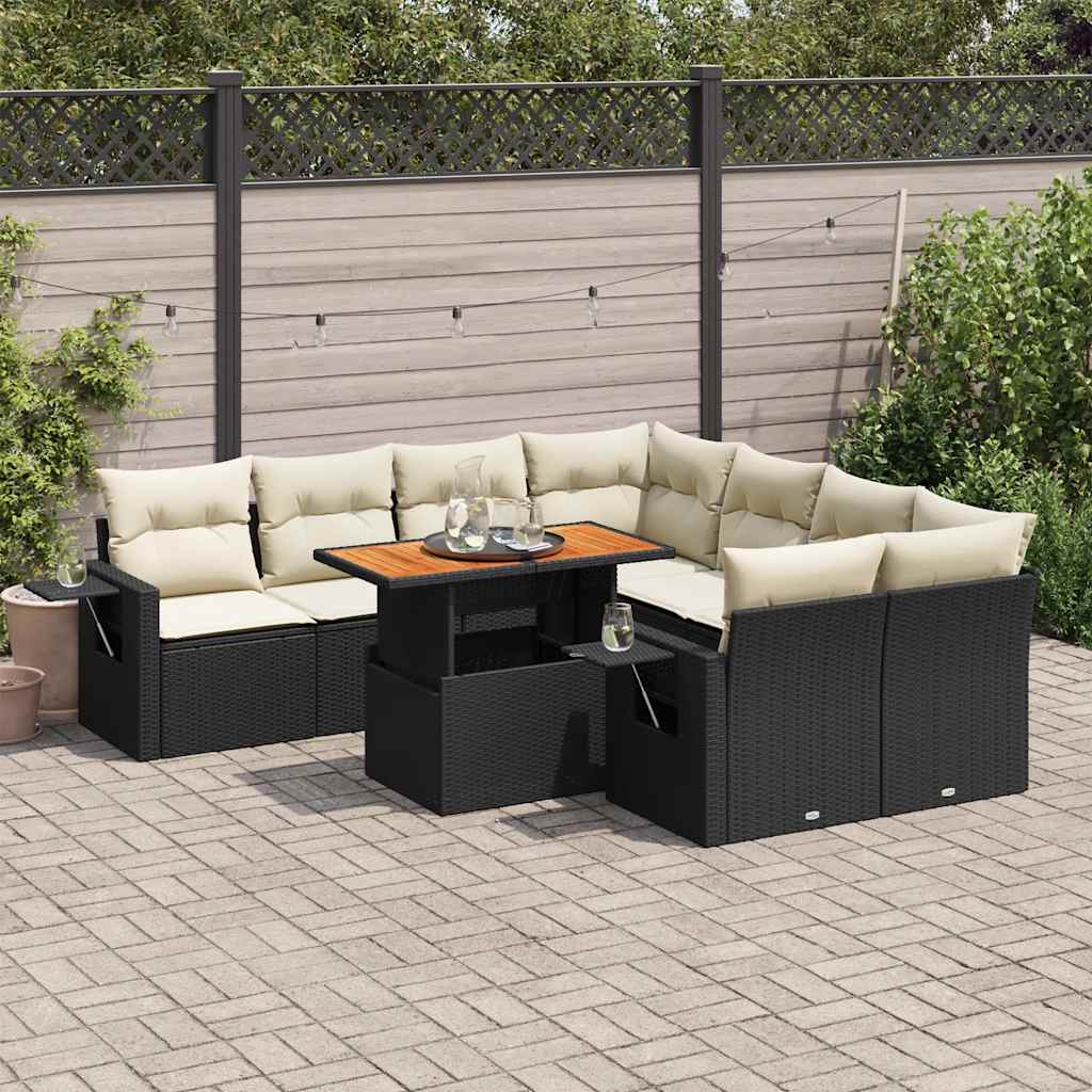 vidaXL Set mobilier de grădină cu perne, 9 piese, negru, poliratan