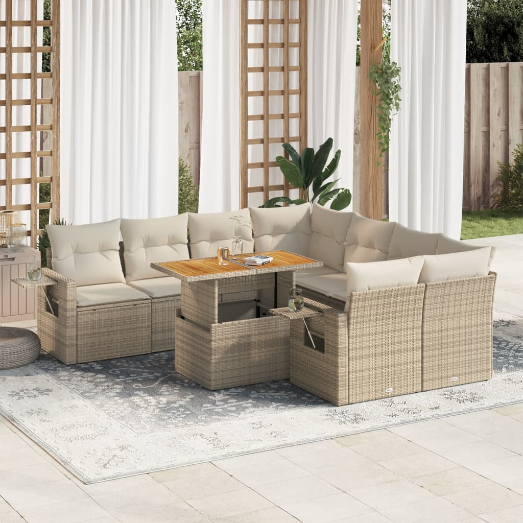 vidaXL 9-tlg. Garten-Sofagarnitur mit Kissen Beige Poly Rattan