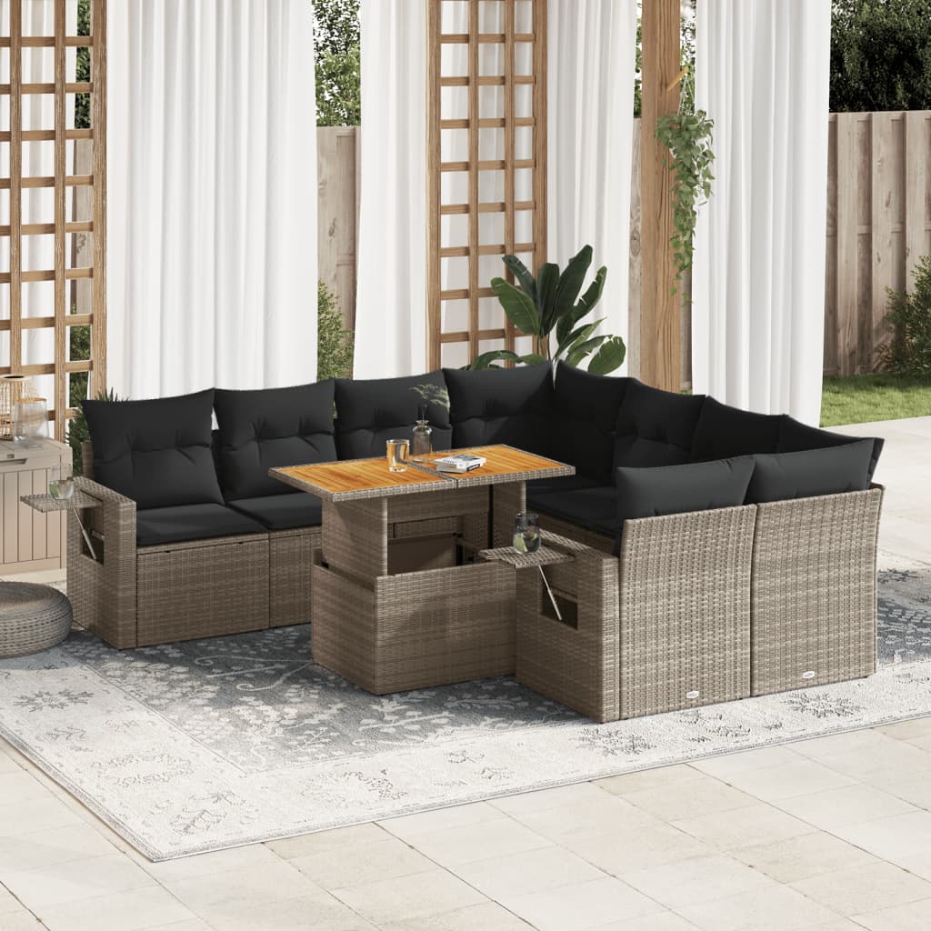 vidaXL 9-tlg. Garten-Sofagarnitur mit Kissen Grau Poly Rattan