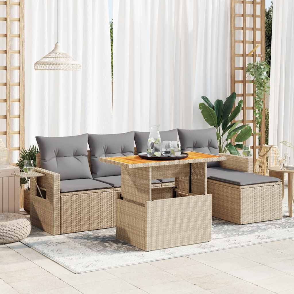 vidaXL 6-tlg. Garten-Sofagarnitur mit Kissen Beige Poly Rattan