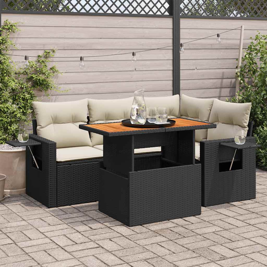 vidaXL 5-tlg. Garten-Sofagarnitur mit Kissen Schwarz Poly Rattan