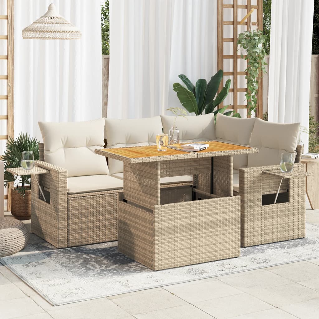 vidaXL 5-tlg. Garten-Sofagarnitur mit Kissen Beige Poly Rattan