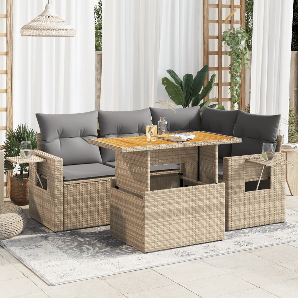 vidaXL 5-tlg. Garten-Sofagarnitur mit Kissen Beige Poly Rattan