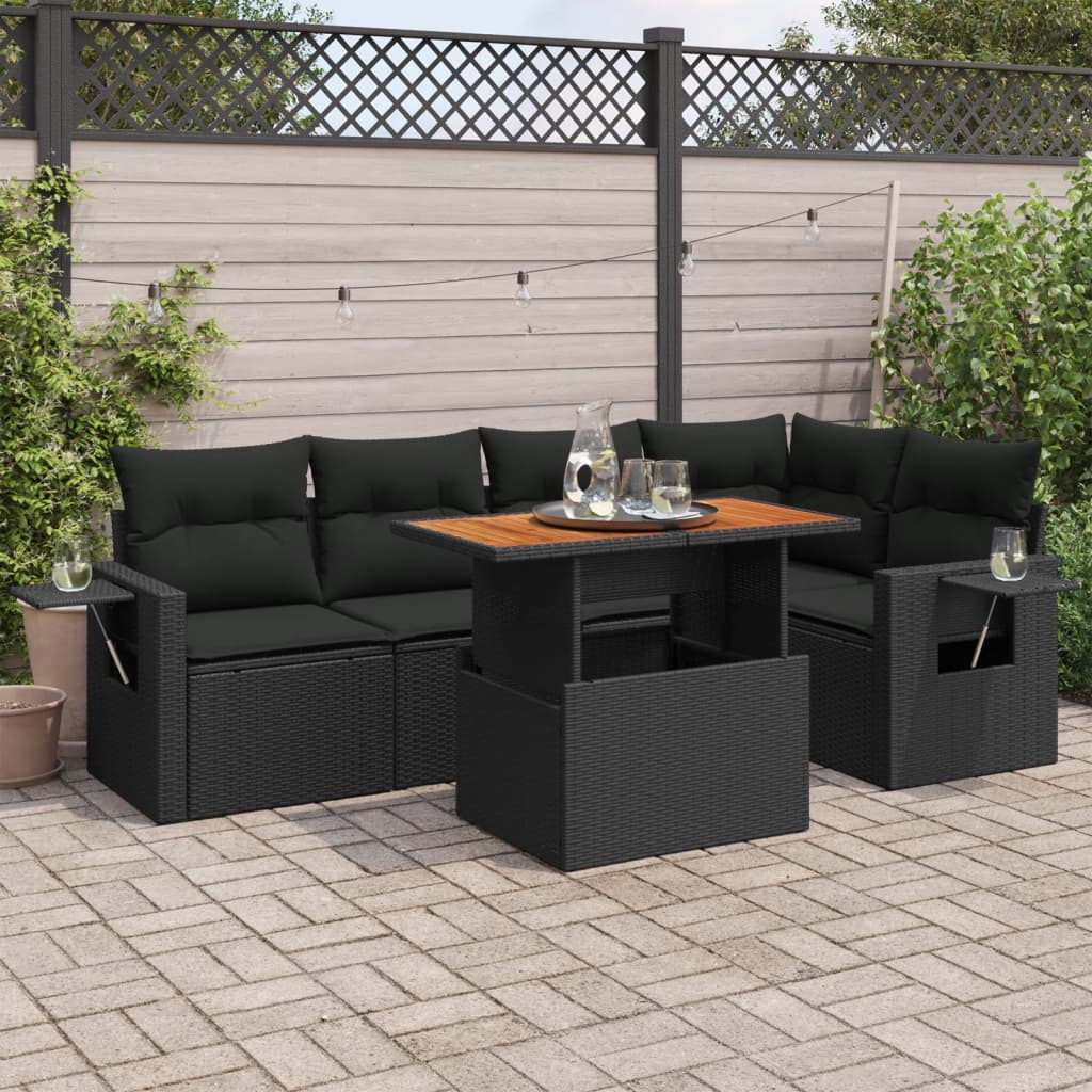 6-tlg. Garten-Sofagarnitur mit Kissen Schwarz Poly Rattan