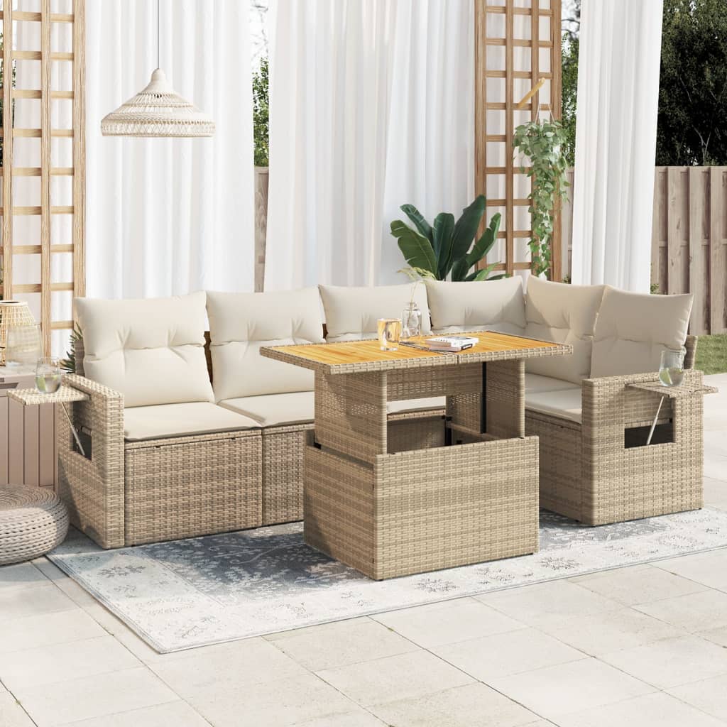 vidaXL 6-tlg. Garten-Sofagarnitur mit Kissen Beige Poly Rattan