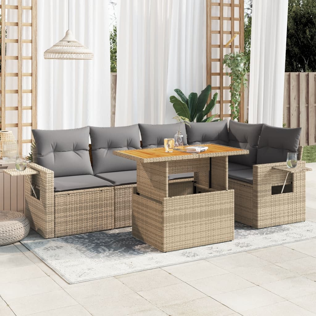 vidaXL 6-tlg. Garten-Sofagarnitur mit Kissen Beige Poly Rattan