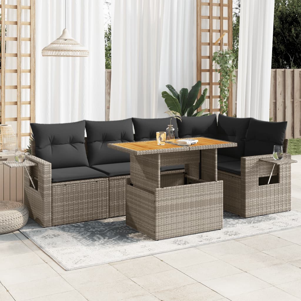 6-tlg. Garten-Sofagarnitur mit Kissen Grau Poly Rattan