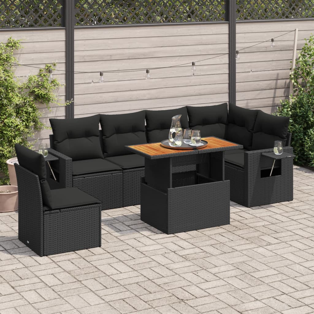 vidaXL 7-tlg. Garten-Sofagarnitur mit Kissen Schwarz Poly Rattan