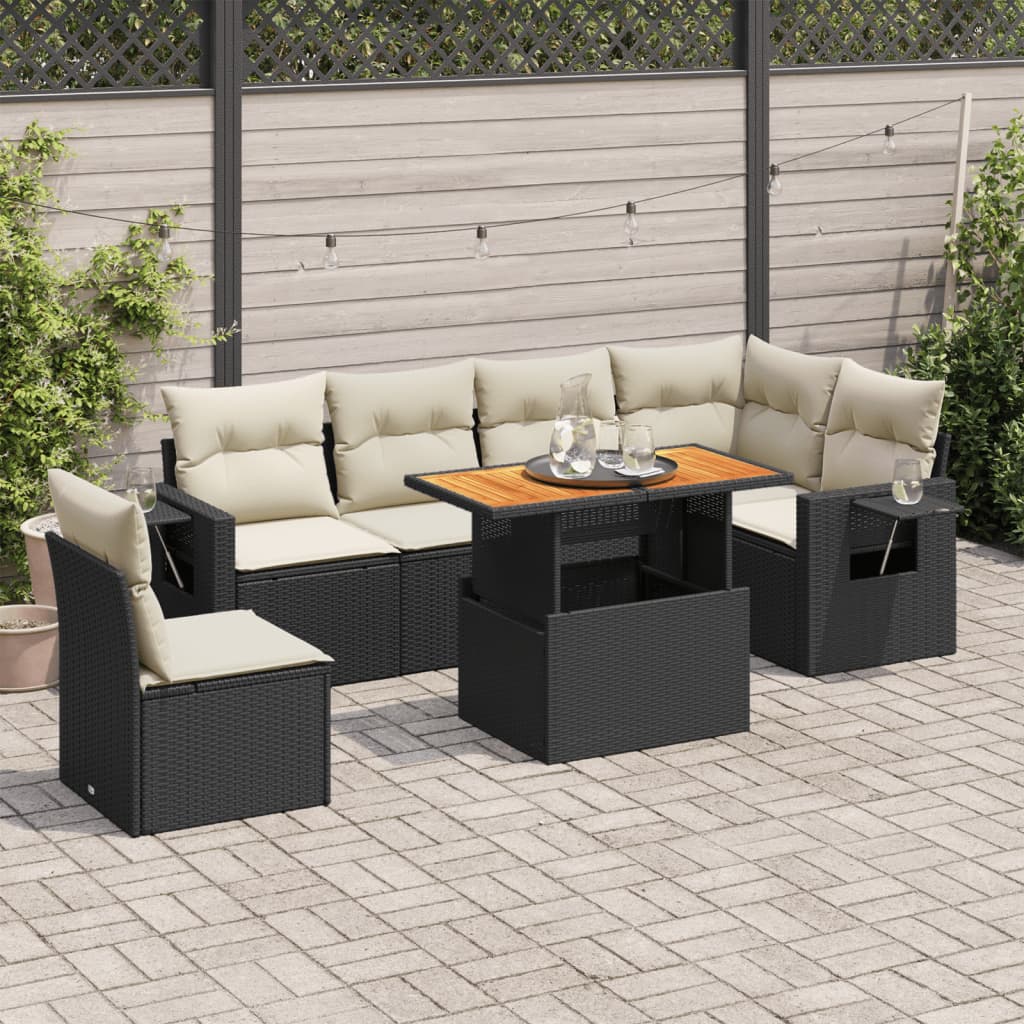 7-tlg. Garten-Sofagarnitur mit Kissen Schwarz Poly Rattan