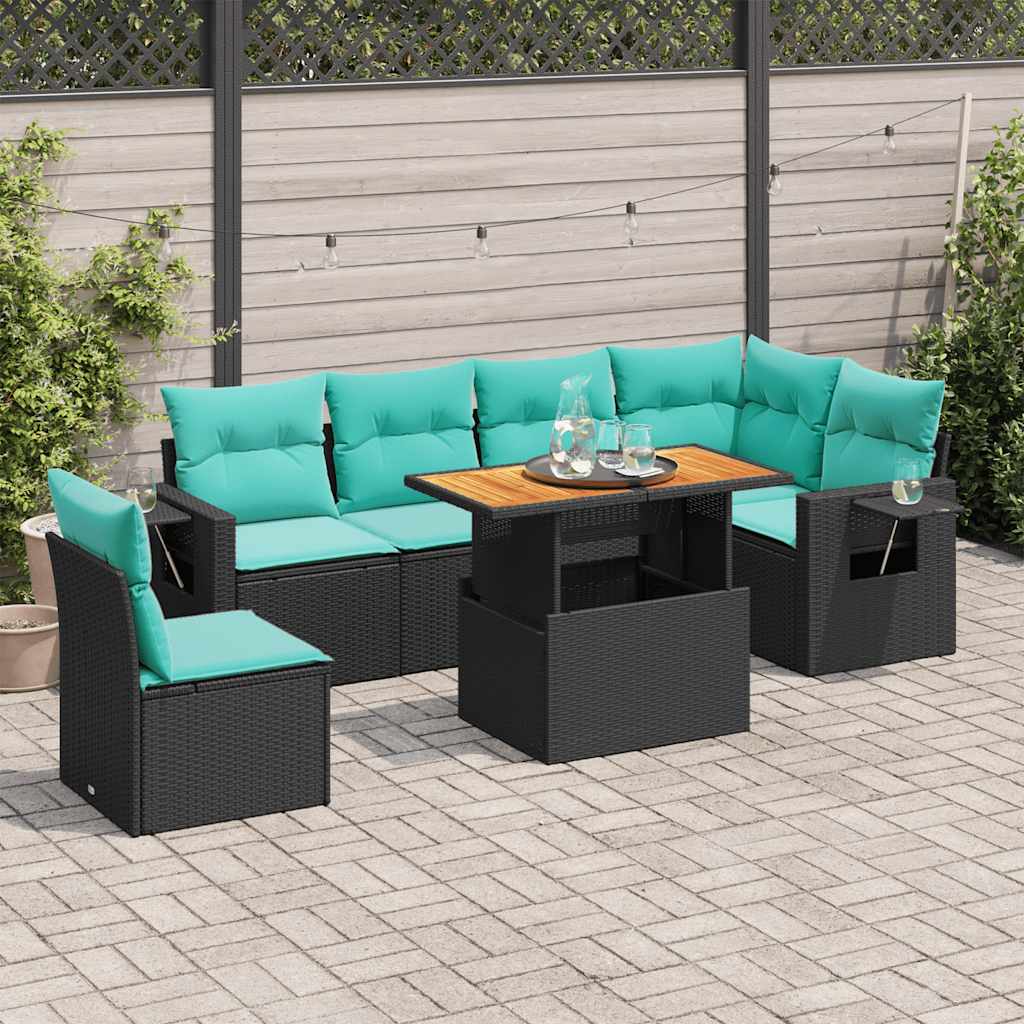 vidaXL 7-tlg. Garten-Sofagarnitur mit Kissen Schwarz Poly Rattan